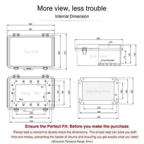 Technical drawing of Outdoor Electrical Junction Box Waterproof Weatherproof Enclosure IP66 UL94-V0 Rated 13.8 By 9.9 By 5.9 Inches Grey Hinged Door Durable PC-ABS Alloy Plastic For Weatherproof Projects, showing dimensions and mounting plate.