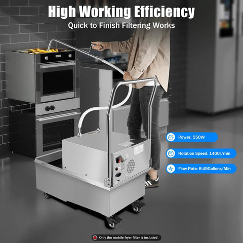Get Rid Of Grime Now With This Heavy Duty 55L Commercial Stainless Steel Oil Filter Cart For Restaurants in use with 550W motor.