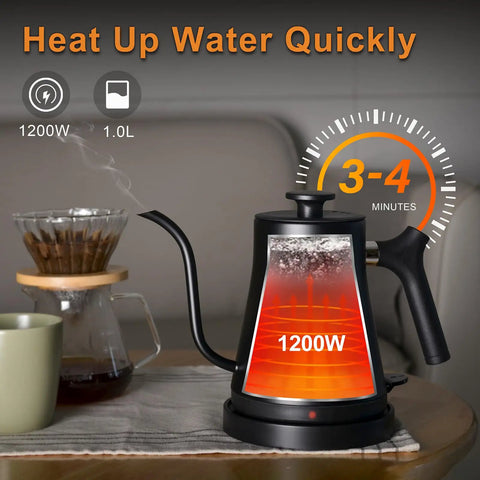 Gooseneck Electric Kettle With 304 Stainless Steel Build Auto Shutoff And Anti Dry Protection For Pour Over Coffee And Tea Matte Black 1.0L 1200W Fast Boil No Plastic Contact BPA Free displayed with fast boiling feature and pour-over setup.
