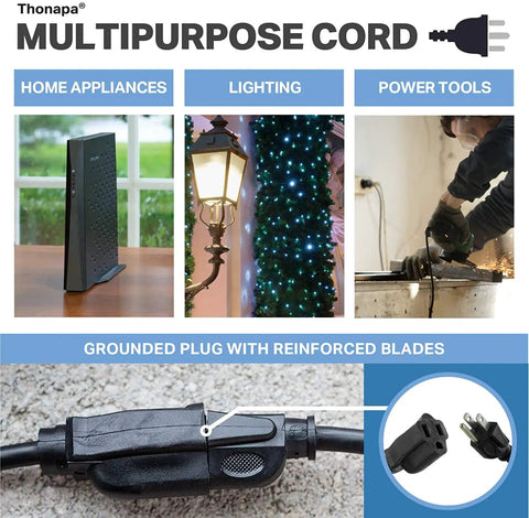 14 Gauge Extension Cord 25 Ft Outdoor 14/3 Heavy Duty Power Cable 3 Prong Grounded Plug showing usage with appliances, lighting, and power tools.