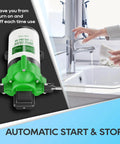 12V DC Self Priming Water Pump With 3.5 GPM Flow And 45 PSI Pressure Green Plastic Diaphragm Pump with strainer next to faucet