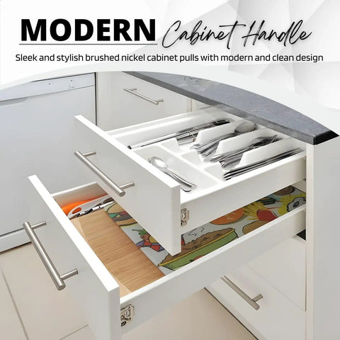 Prime 5 Pack Of Slick 6 Inch Brushed Nickel Cabinet Handles For Kitchen Drawers And Cupboards stainless steel door pulls shown on drawers.