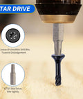 Close-up of T25 Torx bit for Deck Screws Set 8 By 2 Inch 100 Pack Black Epoxy Coated Carbon Steel Heavy Duty Rust Resistant.