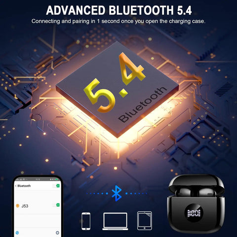 Wireless Earbuds With Bluetooth 5.4 And LED Power Display, showcasing Bluetooth 5.4 chip and seamless connectivity features