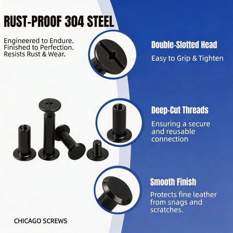 Close-up of rust-proof 304 steel black Chicago screws, showcasing double-slotted head and deep-cut threads from Heavy Duty Black Chicago Screws Kit For Leather Crafts, 115 Piece Set With 304 Stainless Steel Rivets, Includes Hole Punch And Screwdriver, Knockout Gear For Weekend DIY Warriors And Serious Hobbyists.
