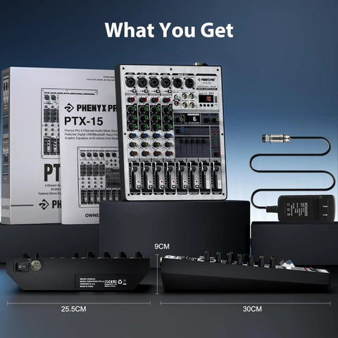 Professional Audio Mixer With USB Interface For Stage And Live Gigs Four Channel DJ Mixer With Stereo Equalizer And Sixteen DSP Effects Ideal For Karaoke Venues Studio Rehearsals And Pro Audio Setup, showing contents of package including cables and power adapter