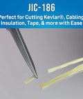 JIC-186 scissors cutting Kevlar strands, part of Ultimate Fiber Prep Backpack Kit With 27 Essential Fiber Optic Tools For Access, Stripping, Cleaning, Cutting, Ringing And Termination, Pro Grade Rugged Tech Backpack Included For On The Go Cabling.