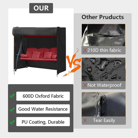 Rugged Outdoor Swing Cover For A 3 Seat Hammock And Patio Furniture Waterproof All Weather Protection 87 Inch Long 60 Inch Wide 72 Inch High Windproof UV Shield For Porch Gliders And More shown with fabric comparison