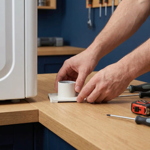 Person installing Diyeah Industrial Dryer Discharge Flange Adapter Steel Bottom Outlet Connector on a wooden surface.