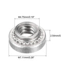 Badass Stainless Steel Self Clinching Rivet Nuts Size Six Thread Round Head Sheet Metal Fasteners dimensions showing detailed measurements.