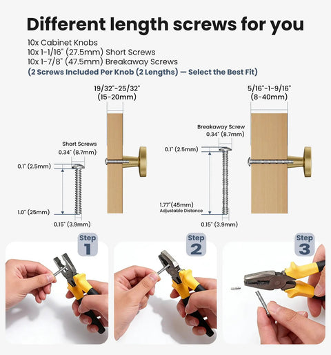Rock Solid Brushed Gold Cabinet Knobs for Kitchen Drawers and Furniture, 1-1/4 Inch Round Hardware with Premium Zinc Build, Includes Mounting Screws, 10-Pack Set with varying screws for installation.