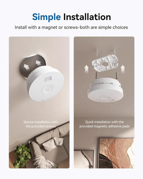 Straight Up No Fuss Smoke Detector And Fire Alarm With A 10 Year Sealed Battery And Photoelectric Sensor, installed with screws and magnets.