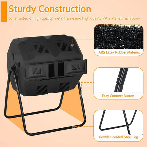 43 Gallon Dual Chamber Outdoor Compost Bin With Sliding Doors, Tumbling Rotating Composter, shown on a sturdy metal frame