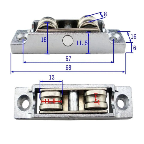 Heavy Duty Zinc Alloy Sliding Door Pulleys With Double Wheel Track Rollers Adjustable Angle Design showing measurements and detail.