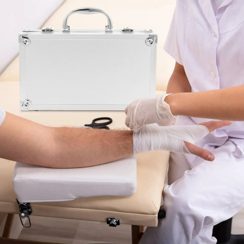 Built Tough Aluminum Alloy Work Crate With Cushion Grip Bail And Quick Release Cover For Grease Monkey Multi Layer Tool Sorting Or On The Road Health Supply Tote with bandaged arm and medical professional.