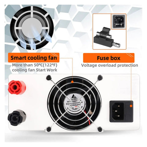 Pro Grade Variable DC Power Supply 60V 10A Beefy, Low Ripple High Precision Lab Regulator With Digital LED Readouts For Voltage And Current, Easy Coarse And Fine Adjustment Knobs, Constant Voltage Current Mode For Precise Electronics Work. rear panel fan and fuse box