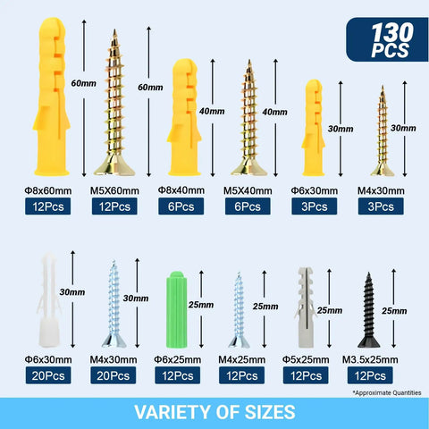 All In One 130 Piece Drywall Anchors And Screws Kit With 6 sizes, clear view of anchors and screws with labeled dimensions