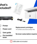 Image showing contents of Wireless Laser Printer For Small Teams With Fast Black And White Printing Scanning And Copying Easy Setup And Mobile Printing Budget Friendly Compact MFP Built For Home Office Or Tiny Teams, including printer, power cord, user guide, and toner cartridge.