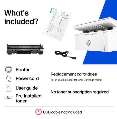 Image showing contents of Wireless Laser Printer For Small Teams With Fast Black And White Printing Scanning And Copying Easy Setup And Mobile Printing Budget Friendly Compact MFP Built For Home Office Or Tiny Teams, including printer, power cord, user guide, and toner cartridge.