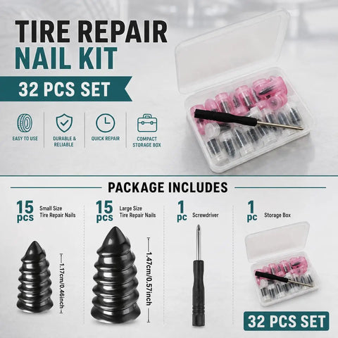 Rock Solid Mushroom Tire Repair Kit With Steel Puller Tool And Compact Carry Case For Cars Trucks Scooters And Electric Bikes No Sweat Roadside Puncture Patch Jobs shown with 32 piece set in compact case, includes nails and screwdriver.