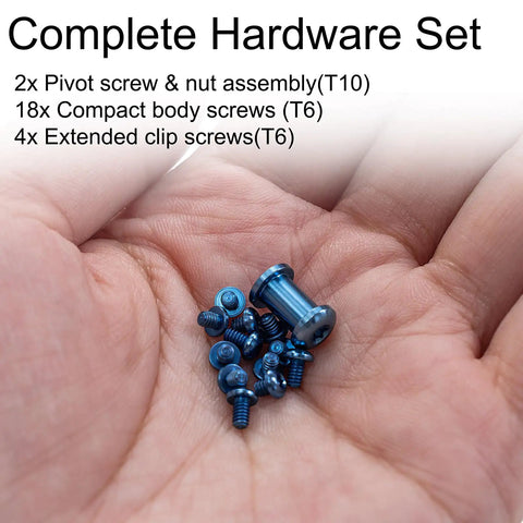 Hella Tough Titanium Torx Screw Set And Drop In Hardware Kit For Benchmade Bugout Replacement Parts with T10 pivot and T6 screws in hand.