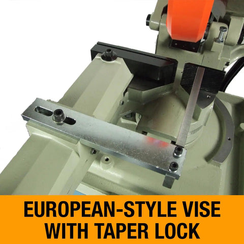 Close-up of European-style vise with taper lock on 14 Inch Variable Speed Cold Saw With A Badass 3HP Direct Drive Motor.