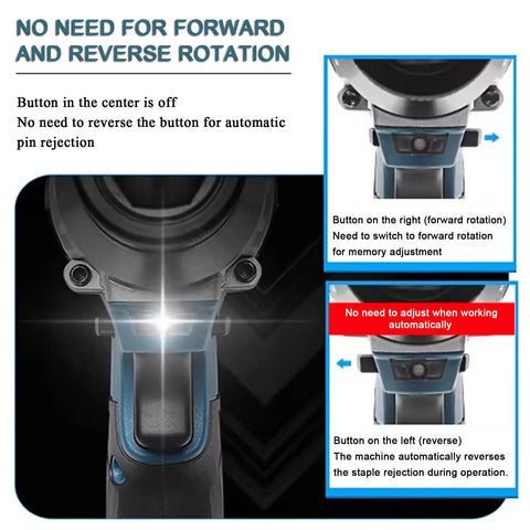 Pro Level Cordless Rivet Nut Gun With Brushless Motor showing forward and reverse rotation buttons with automatic pin rejection features.