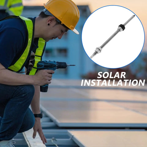 Worker using drill to install Heavy Duty Stainless Steel Solar Hanger Bolts For Roof Mounting And Panel Leveling Weatherproof Bracket Kit.