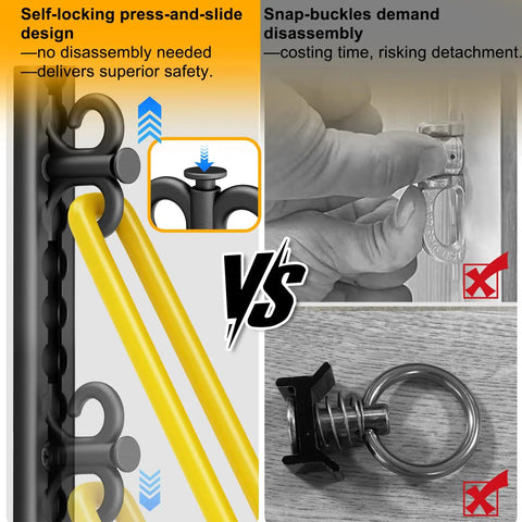 Adjustable Aluminum Resistance Band Wall Mount With 40 Inch Self Locking Track For Home Gym comparing snap-buckle and press-and-slide design.