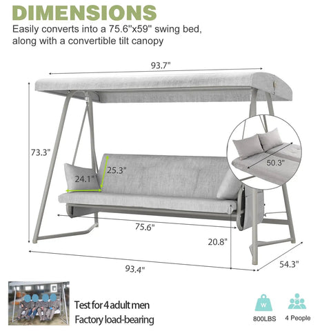 Image showing dimensions of Oversized Outdoor Porch Swing With Adjustable Backrest And Canopy 2 In 1 Swing Bed 800 Lbs Capacity.