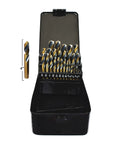 Stubby Industrial Drill Bit Set in Black and Gold, 29 Piece, 135 Degree Split Point, Fully Ground, in Metal Case with sizes shown