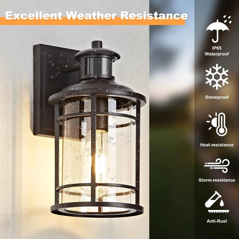 Heavy Duty Motion Sensor Outdoor Wall Lights Dusk To Dawn Porch Light Brown Waterproof Fixture Offering Three Easy Switch Modes And Wide Forty Foot Range For Truly Hassle Free Security Two Pack attached to a wall with water droplets.