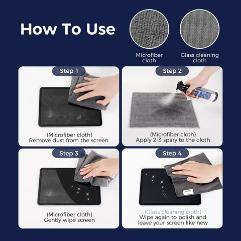 How to use guide for Screen Cleaner Spray Kit With Gel For All Electronics Streak Free Dope Clean Non Drip Formula on touchscreens.