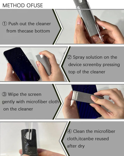 On The Go Screen Cleaning Kit With Spray And Microfiber Wipes For Car Displays, Phones, Tablets, Laptops, Computers and Eyewear instructions
