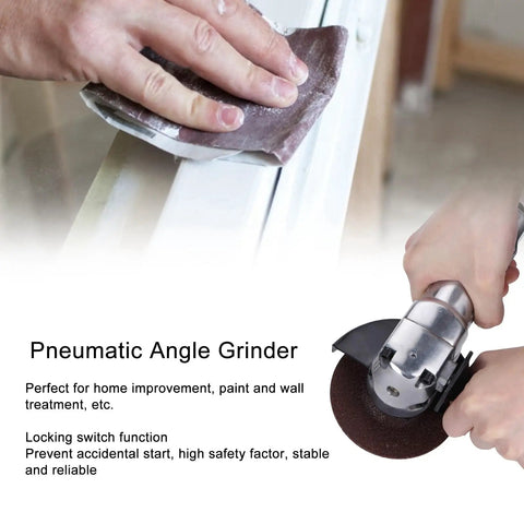 Tough As Nails Pneumatic Angle Grinder For Lightning Fast Paint Stripping And Smooth Finishing cradled in hand using sanding pad on surface.