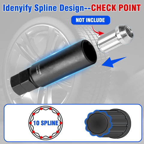Beefed Up 10 Spline Lug Nut Socket With Key Set 2.9mm Wall Resists Cracks Breaks detailed view showing spline design and tool shape.