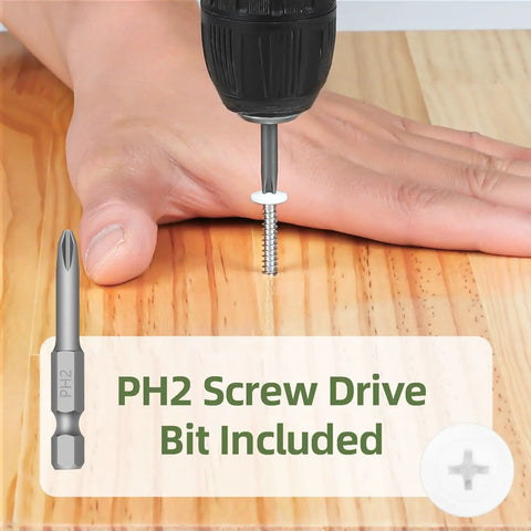 Top Shelf Quick Grip Self Drilling Screws Size Eight Length Half Inch 100 Piece Kit With Phillips Bit in use on wood.
