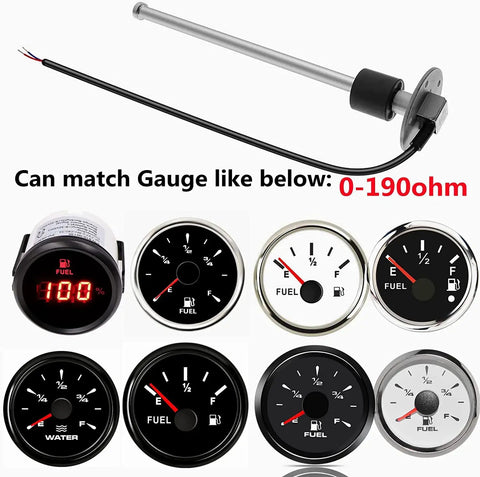 Heavy Duty Marine Fuel Sending Unit 0 190 Ohm 17 72 Inch Stainless Steel Tank Gauge Sensor, showing compatibility with various fuel gauges.