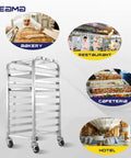 Built Tough Ten Tier Rolling Sheet Pan Rack Aluminum Bun Baker Shelf With Swivel Wheels Rust Resistant Commercial Kitchen Baking Tray Organizer, shown in various kitchen settings.