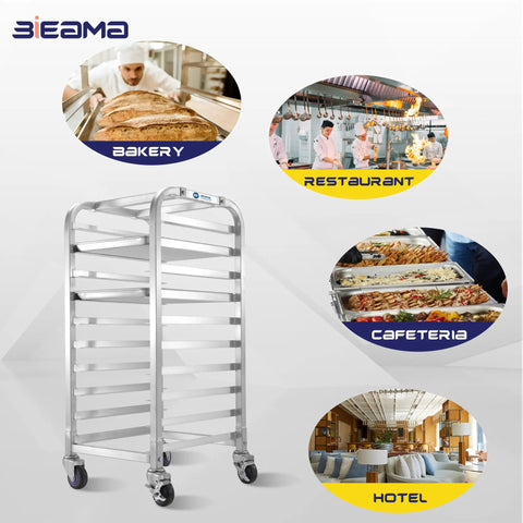 Built Tough Ten Tier Rolling Sheet Pan Rack Aluminum Bun Baker Shelf With Swivel Wheels Rust Resistant Commercial Kitchen Baking Tray Organizer, shown in various kitchen settings.