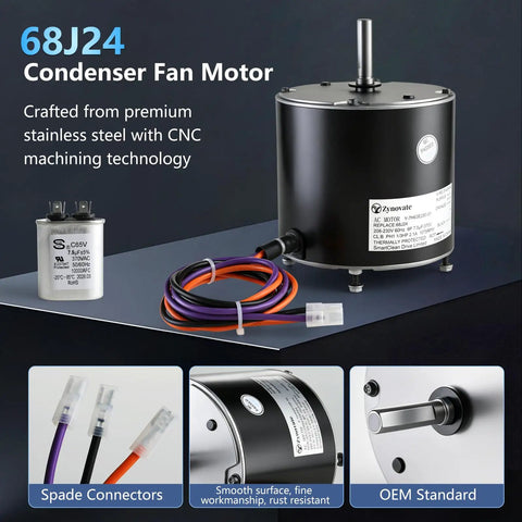 Premium Condenser Fan Motor 1/3 HP 1075 RPM 208 230V AC Replacement Component Featuring Copper Core Engineering, stainless steel design.