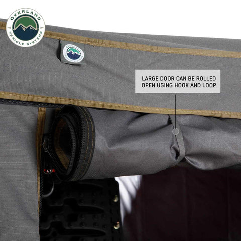 Hella Rugged Partner Side Awning Wall To Keep Your Trail Campout Rig Shade Covered close-up of awning door with hook and loop feature.