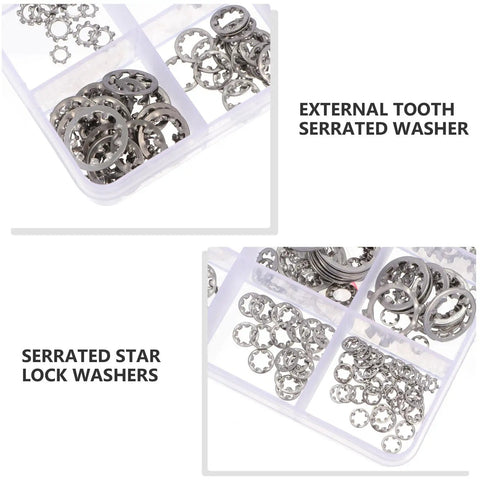 Must Have Serrated Lock Washer Set 400 Pack Stainless Steel Internal and External Tooth Washers in plastic case compartments