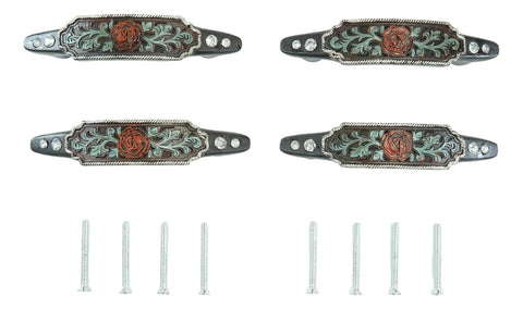 Hella Charismatic Six Inch Wide Set Of Four Western Red Rose Cabinet Pulls With Sweeping Green Vine And Lush Scroll Detailing Hand Cast Resin Drawer Handles Rustic Weathered Finish Kitchen Hardware with screws.