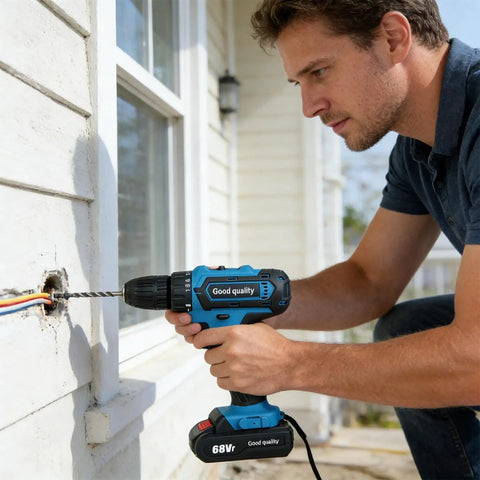 Man using Heavy Duty 21V Brushless Cordless Drill Set With Badass Torque Two Speed Modes to drill into concrete wall.