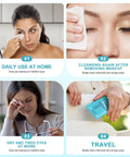30pcs Tea Tree Oil Eyelid Cleansing Wipes collage showing home use, makeup removal, tired eyes at work, and travel pack.