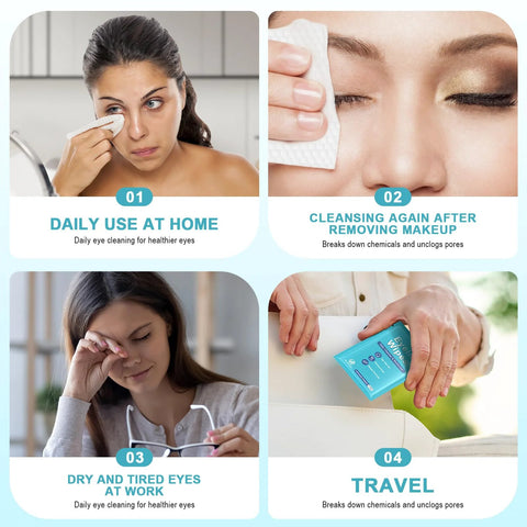 30pcs Tea Tree Oil Eyelid Cleansing Wipes collage showing home use, makeup removal, tired eyes at work, and travel pack.