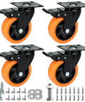 Heavy Duty 4 Inch Caster Wheels Set Of 4 With Locking Brakes And Smooth 360 Swivel Action Roll Like A Charm Easy On Floors Quiet PU Tread For Orange Workbench Tool Cart Furniture Replacement Real Deal Quality four casters with orange PU treads and locking mechanism.