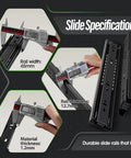 Rock Solid One Pair 16 Inch Full Extension Drawer Slides Crafted From Heavy Gauge Steel With Dual Ball Bearings For Easy Setup And Glides Like Butter Under Load specifications showing rail width, thickness, and material.