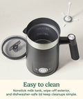 Top view of a stainless steel nonstick milk frother with cool touch exterior, lid, and whisk. Hot And Cold Foam Milk Frother For Coffee And Cafe Style Drinks Like Lattes Cappuccinos Macchiatos And Hot Chocolate With Stainless Steel Nonstick Milk Tank And Cool Touch Exterior visible.